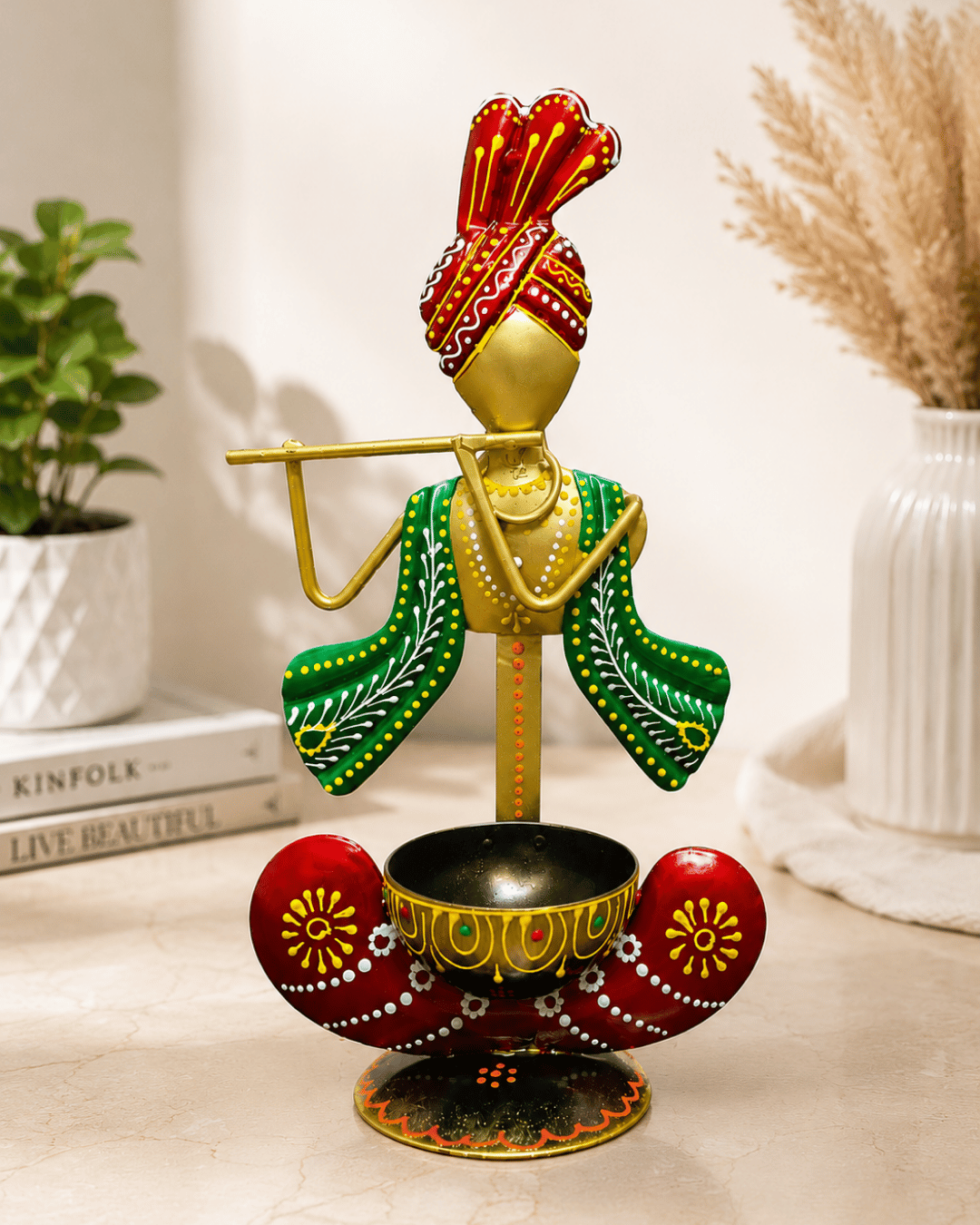 Krishna Flute Player Showpiece with Bowl | Handpainted Metal Table Decor