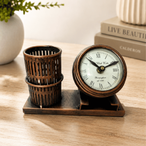 Antique Copper Desk Clock & Pen Holder Set | Vintage Village Clockworks Decor