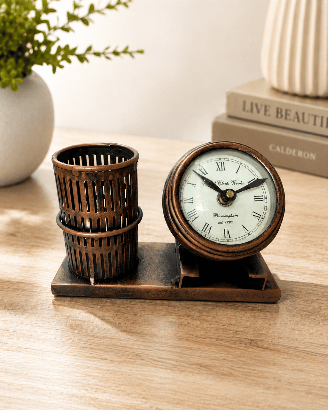 Antique Copper Desk Clock & Pen Holder Set | Vintage Village Clockworks Decor