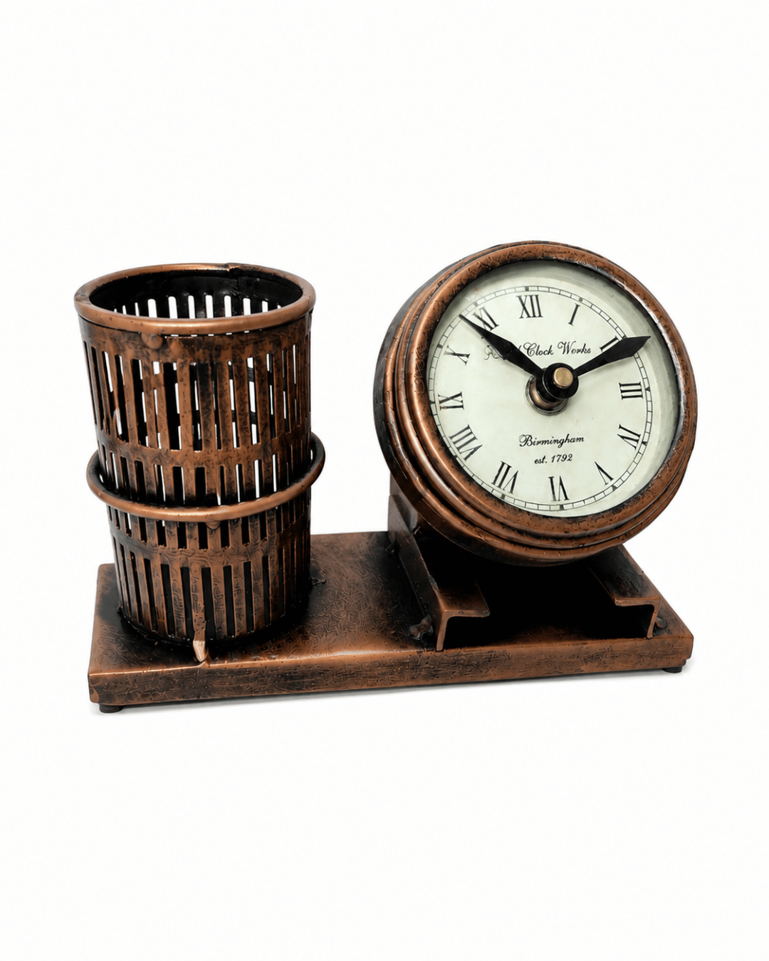 Antique Copper Desk Clock & Pen Holder Set | Vintage Village Clockworks Decor - Image 2