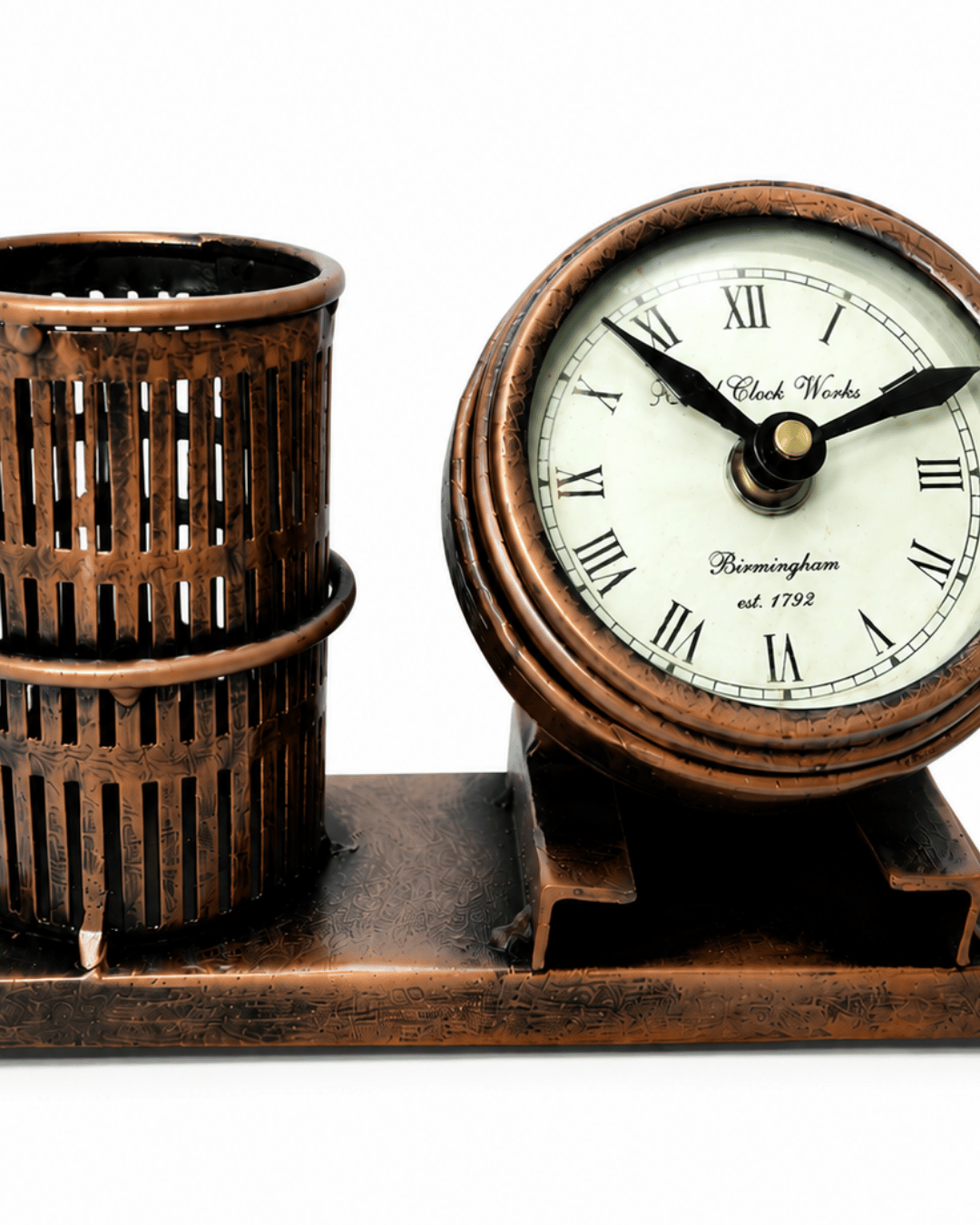 Antique Copper Desk Clock & Pen Holder Set | Vintage Village Clockworks Decor - Image 3