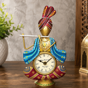 Krishna Seated Flute Player Clock Showpiece | Handpainted Table Decor Clock