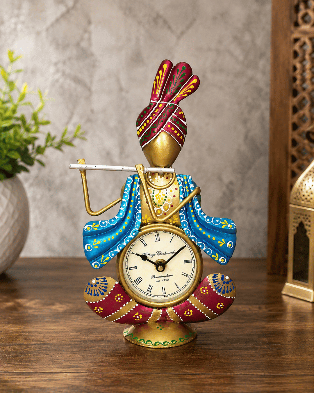 Krishna Seated Flute Player Clock Showpiece | Handpainted Table Decor Clock