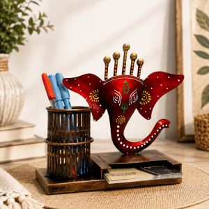 Ganesha Head Pen & Card Holder Showpiece | Handpainted Desk Organizer Decor