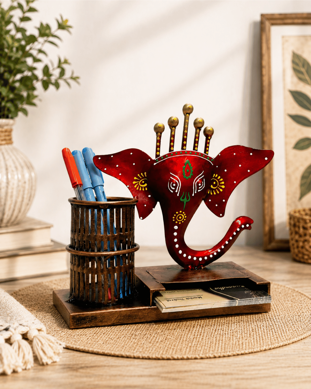 Ganesha Head Pen & Card Holder Showpiece | Handpainted Desk Organizer Decor