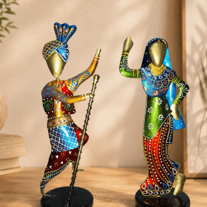 Rajasthani Dancer Couple Figurine Set | Handpainted Metal Table Showpiece