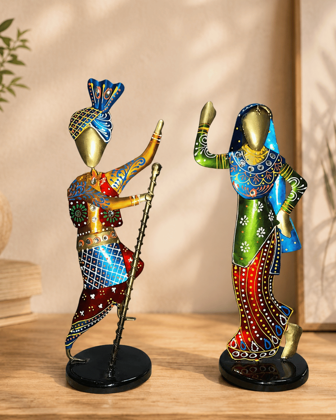 Rajasthani Dancer Couple Figurine Set | Handpainted Metal Table Showpiece