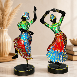 Twin Rajasthani Dancer Figurine Set | Handpainted Mirror-Work Table Showpiece