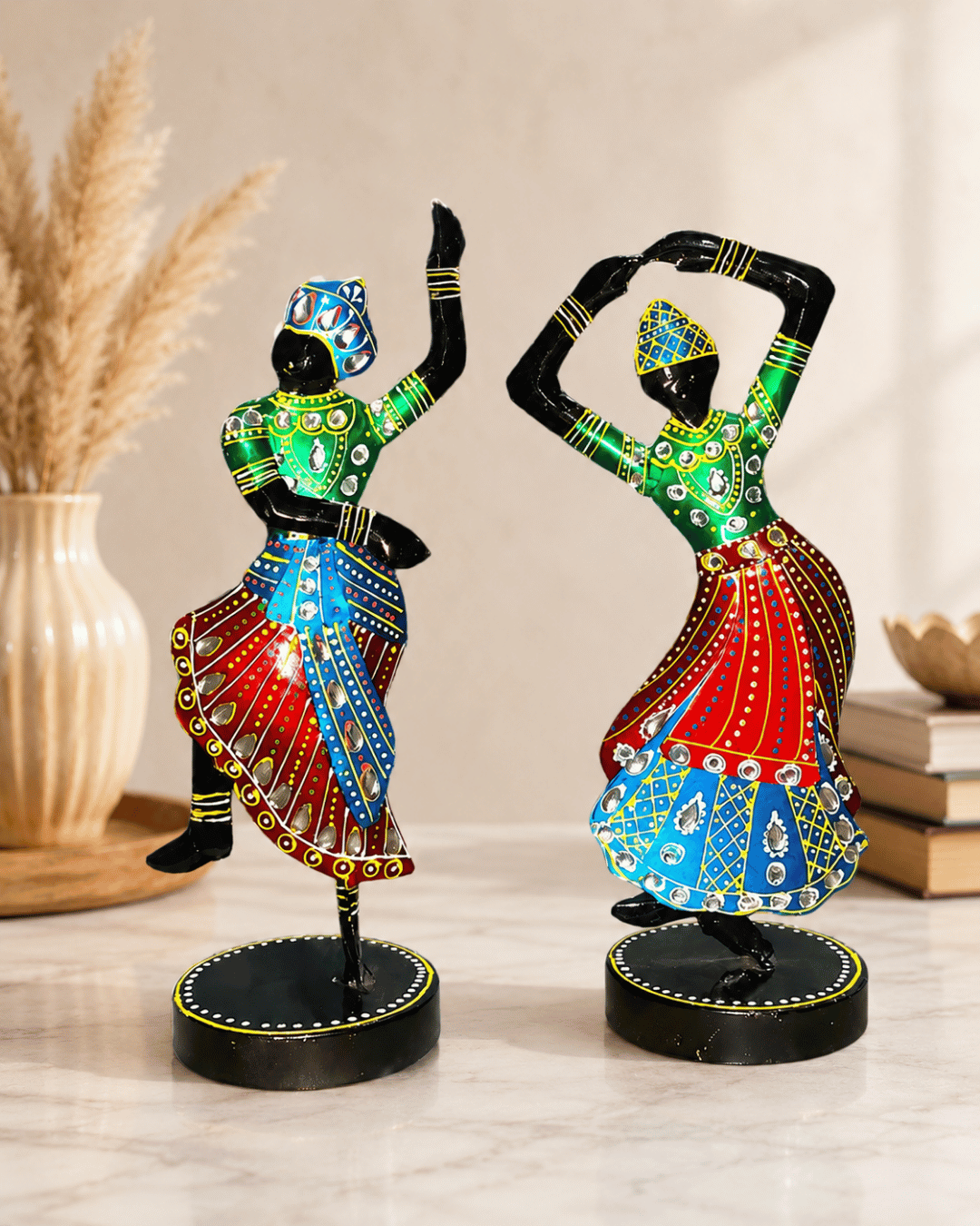 Twin Rajasthani Dancer Figurine Set | Handpainted Mirror-Work Table Showpiece