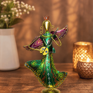 Winged Angel Dancer Figurine | Handpainted Green & Purple Metal Table Decor