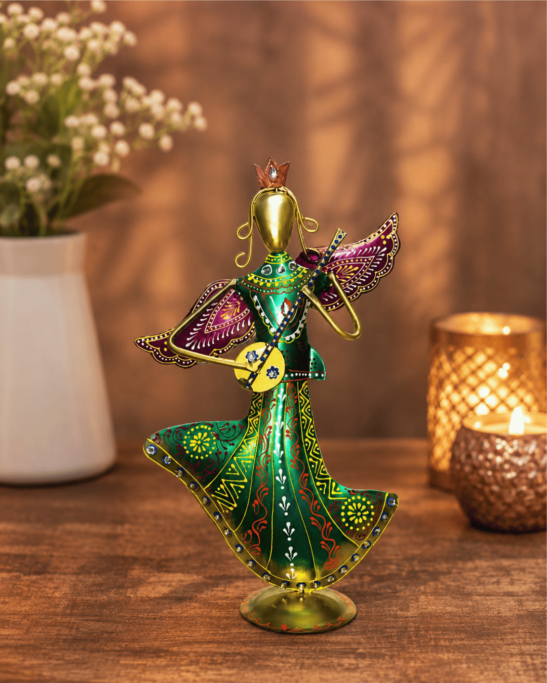 Winged Angel Dancer Figurine | Handpainted Green & Purple Metal Table Decor