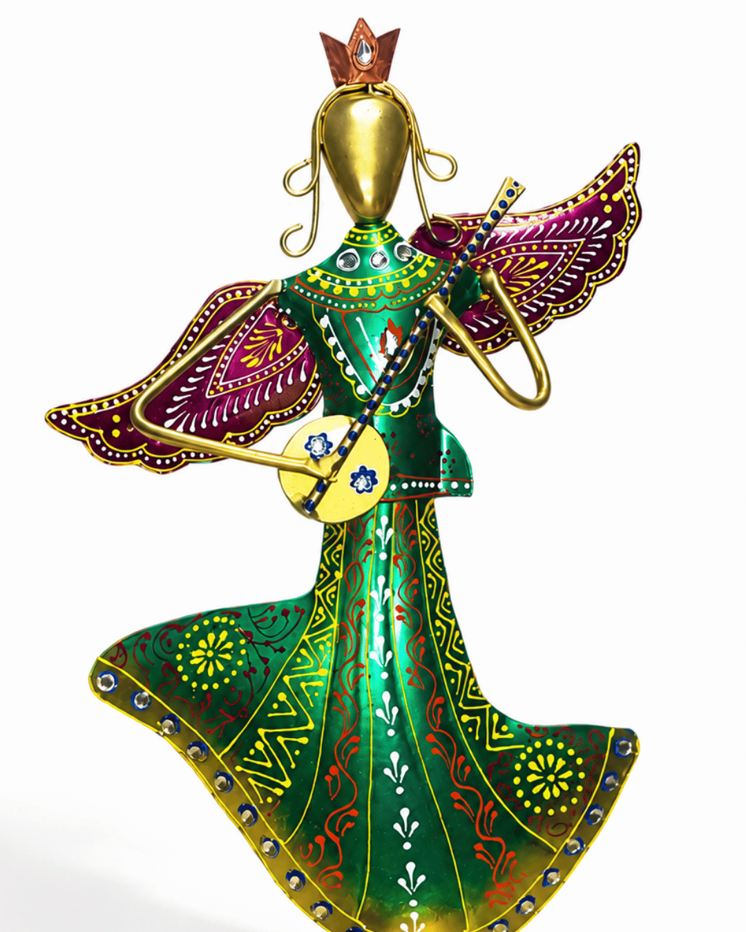 Winged Angel Dancer Figurine | Handpainted Green & Purple Metal Table Decor - Image 3