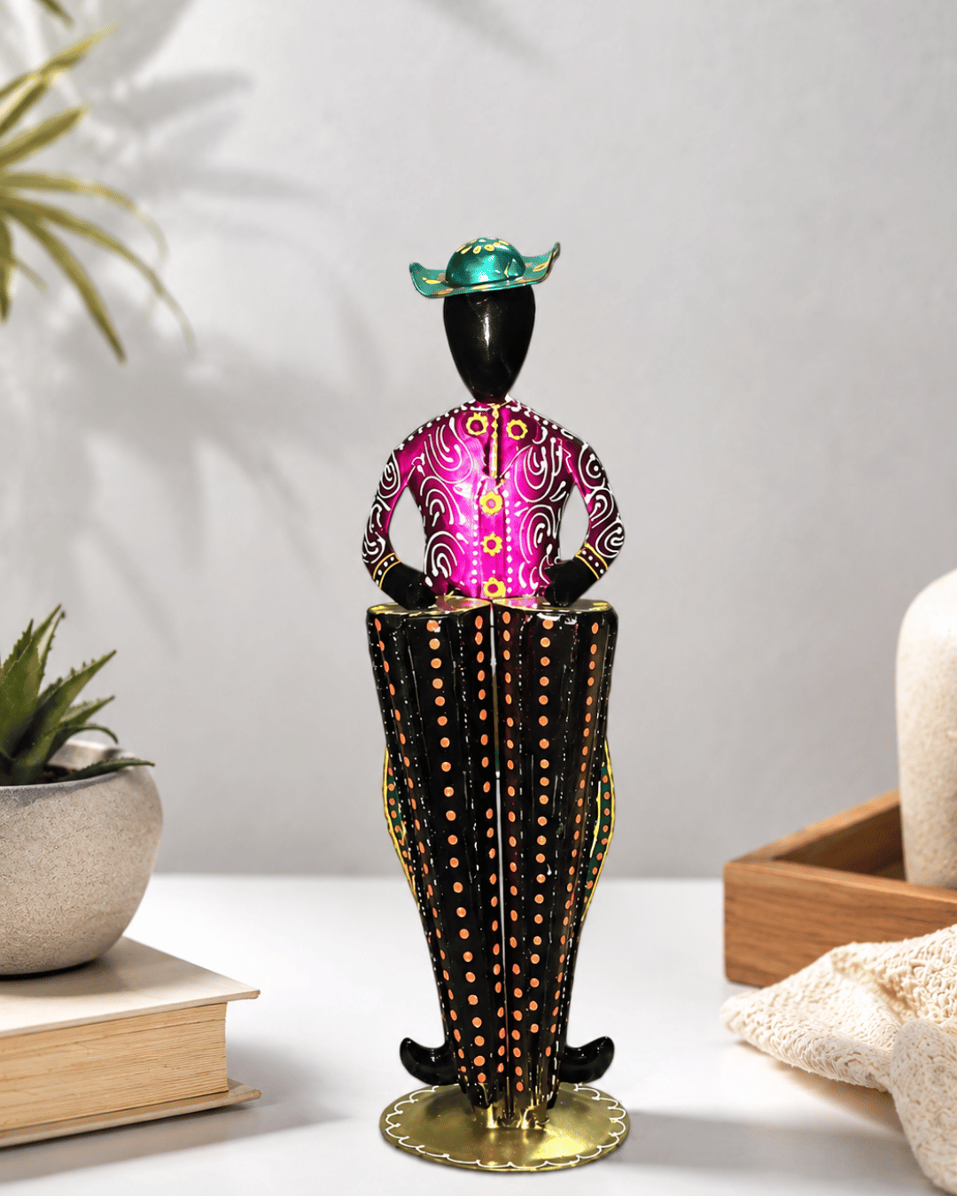 Black & Magenta Cone Dress Figurine | Handpainted Contemporary Table Decor