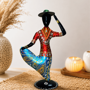 Red & Blue Dancer Figurine with Hat | Handpainted Mirror-Work Table Decor