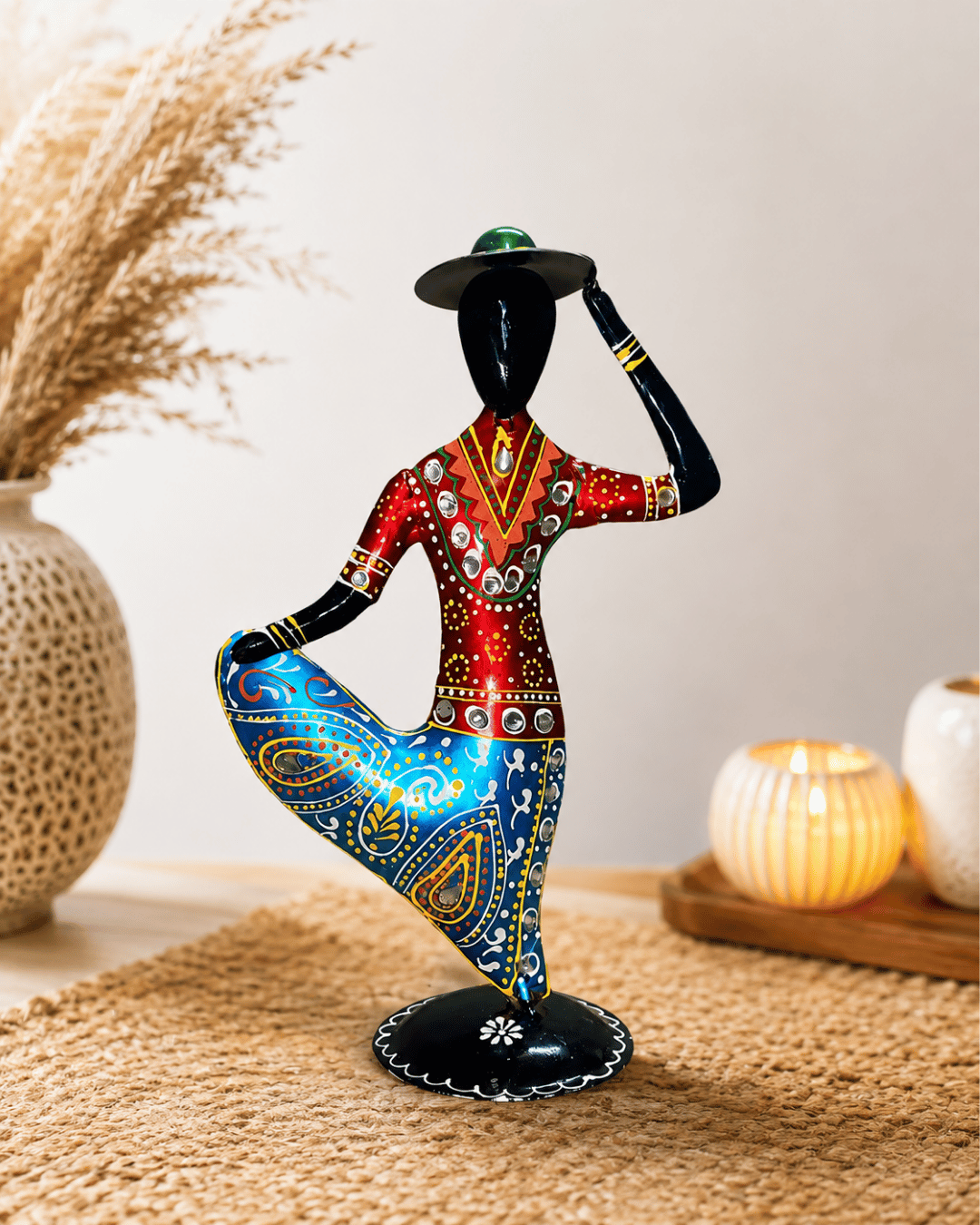Red & Blue Dancer Figurine with Hat | Handpainted Mirror-Work Table Decor