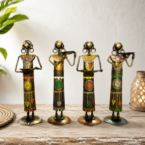 Set of 4 Antique Bronze Women Figurines | Handpainted Tray-Bearer Table Decor