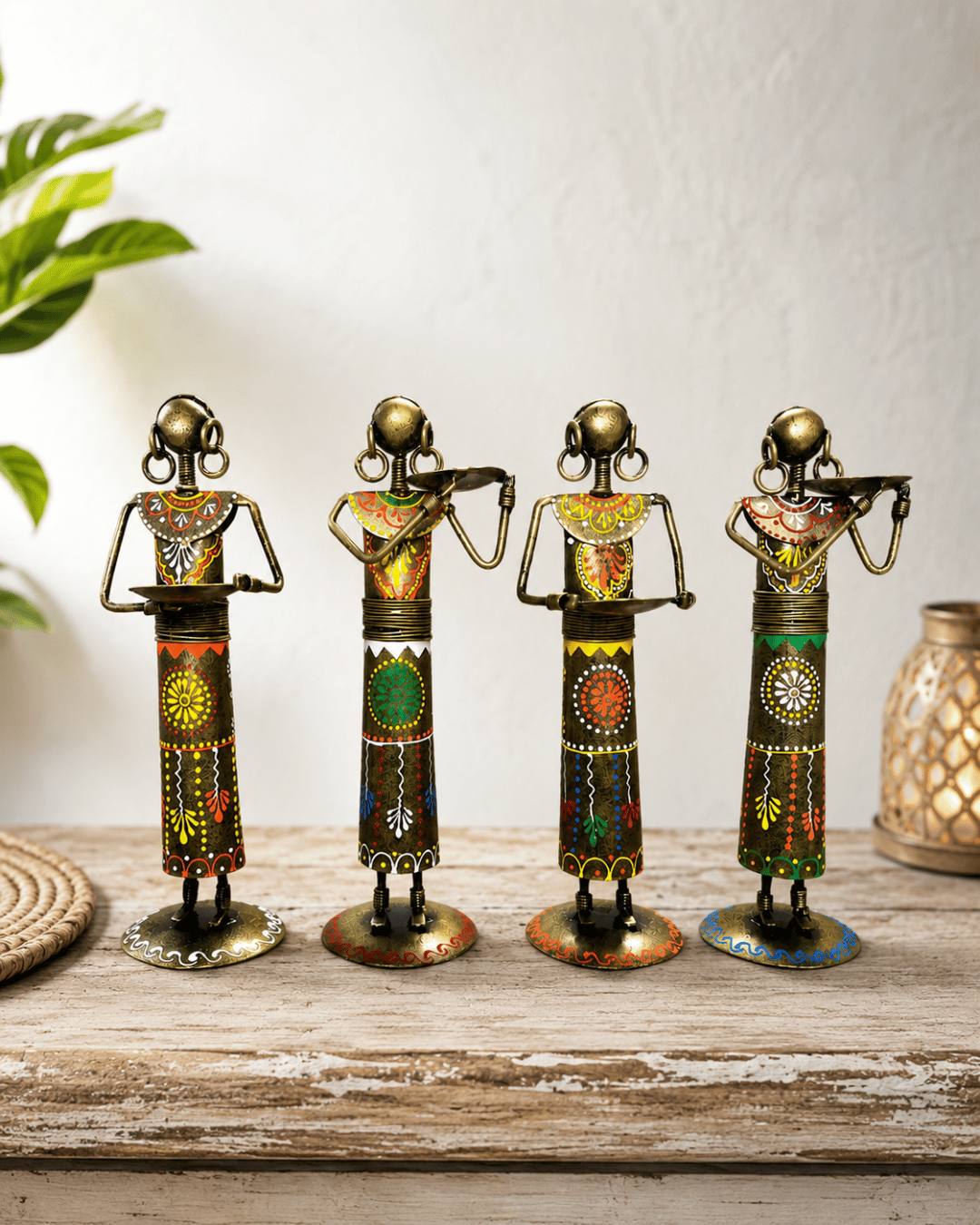 Set of 4 Antique Bronze Women Figurines | Handpainted Tray-Bearer Table Decor