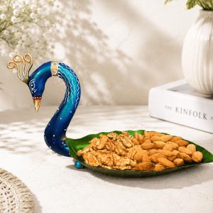 Blue Peacock Leaf-Shaped Snack Bowl | Handpainted Metal Table Decor Tray