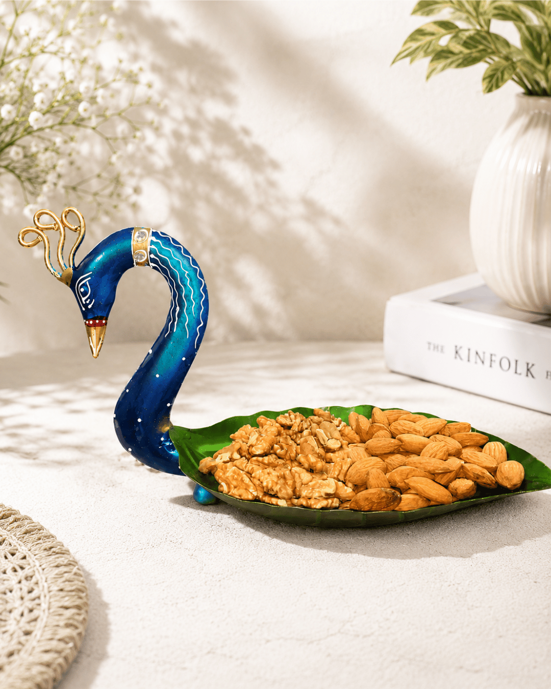 Blue Peacock Leaf-Shaped Snack Bowl | Handpainted Metal Table Decor Tray