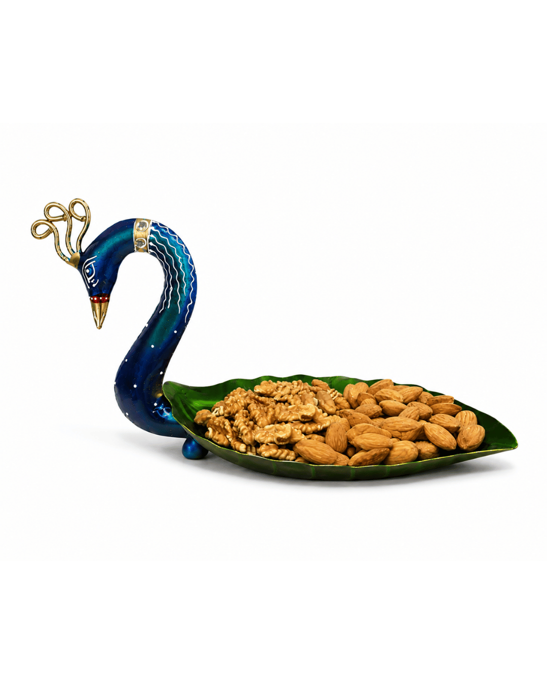 Blue Peacock Leaf-Shaped Snack Bowl | Handpainted Metal Table Decor Tray - Image 2