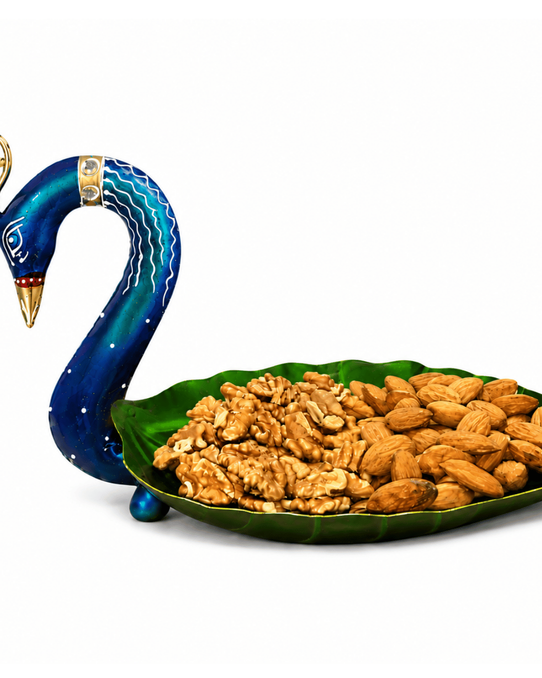 Blue Peacock Leaf-Shaped Snack Bowl | Handpainted Metal Table Decor Tray - Image 3