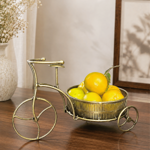 Golden Bicycle Fruit Basket | Vintage Metal Tricycle Table Decor Bowl