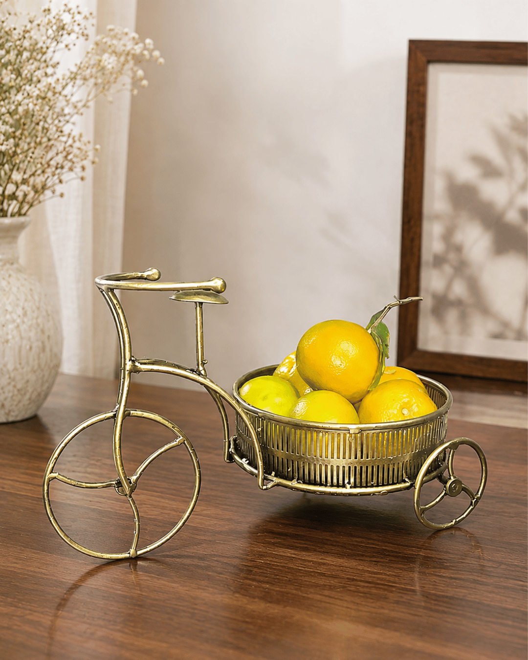 Golden Bicycle Fruit Basket | Vintage Metal Tricycle Table Decor Bowl