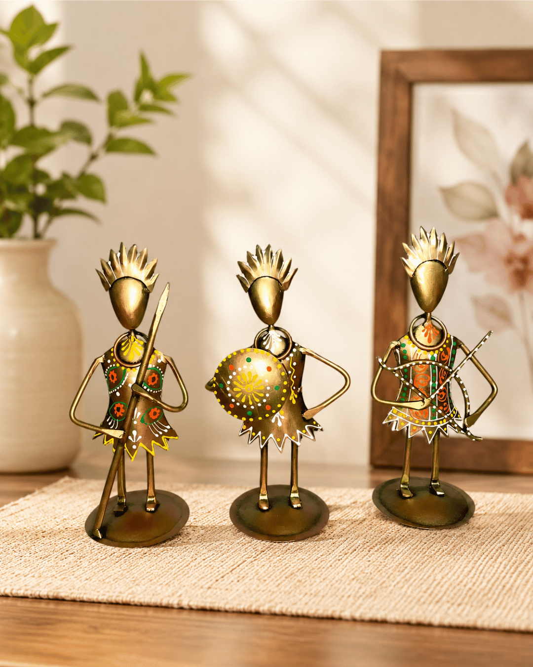Set of 3 Tribal Warrior Figurines | Handpainted Antique Bronze Table Decor