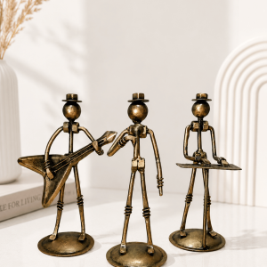 Set of 3 Bronze Rockstar Robot Figurines | Guitarist, Singer & DJ Table Decor
