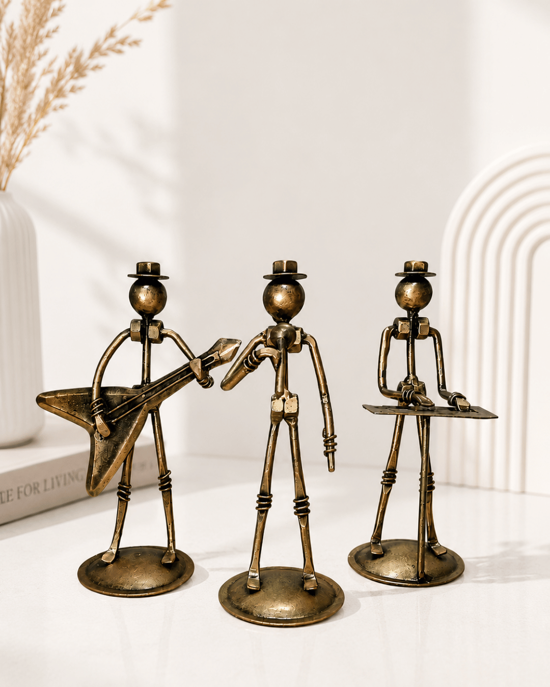 Set of 3 Bronze Rockstar Robot Figurines | Guitarist, Singer & DJ Table Decor