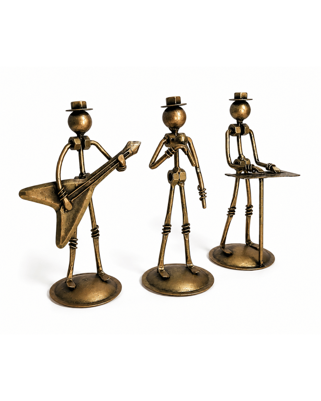 Set of 3 Bronze Rockstar Robot Figurines | Guitarist, Singer & DJ Table Decor - Image 2