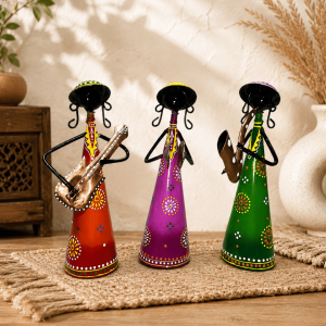 Set of 3 Cone-Dress Musician Figurines | Handpainted Red, Purple & Green Decor