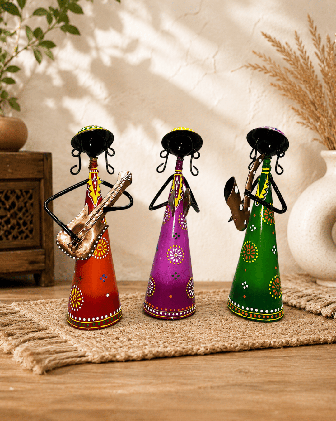 Set of 3 Cone-Dress Musician Figurines | Handpainted Red, Purple & Green Decor