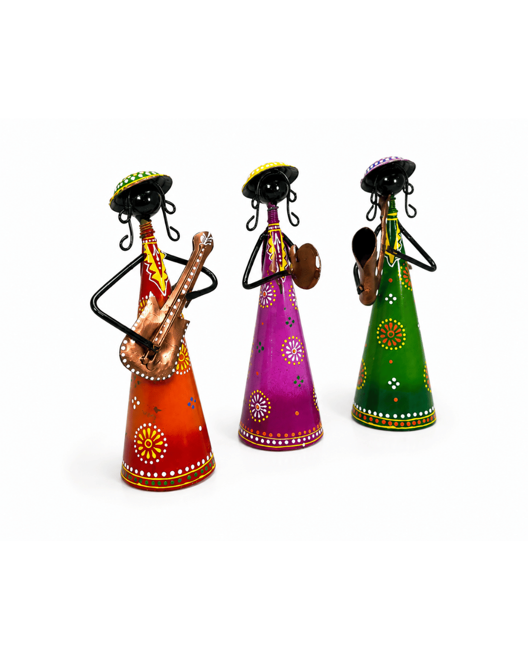 Set of 3 Cone-Dress Musician Figurines | Handpainted Red, Purple & Green Decor - Image 2