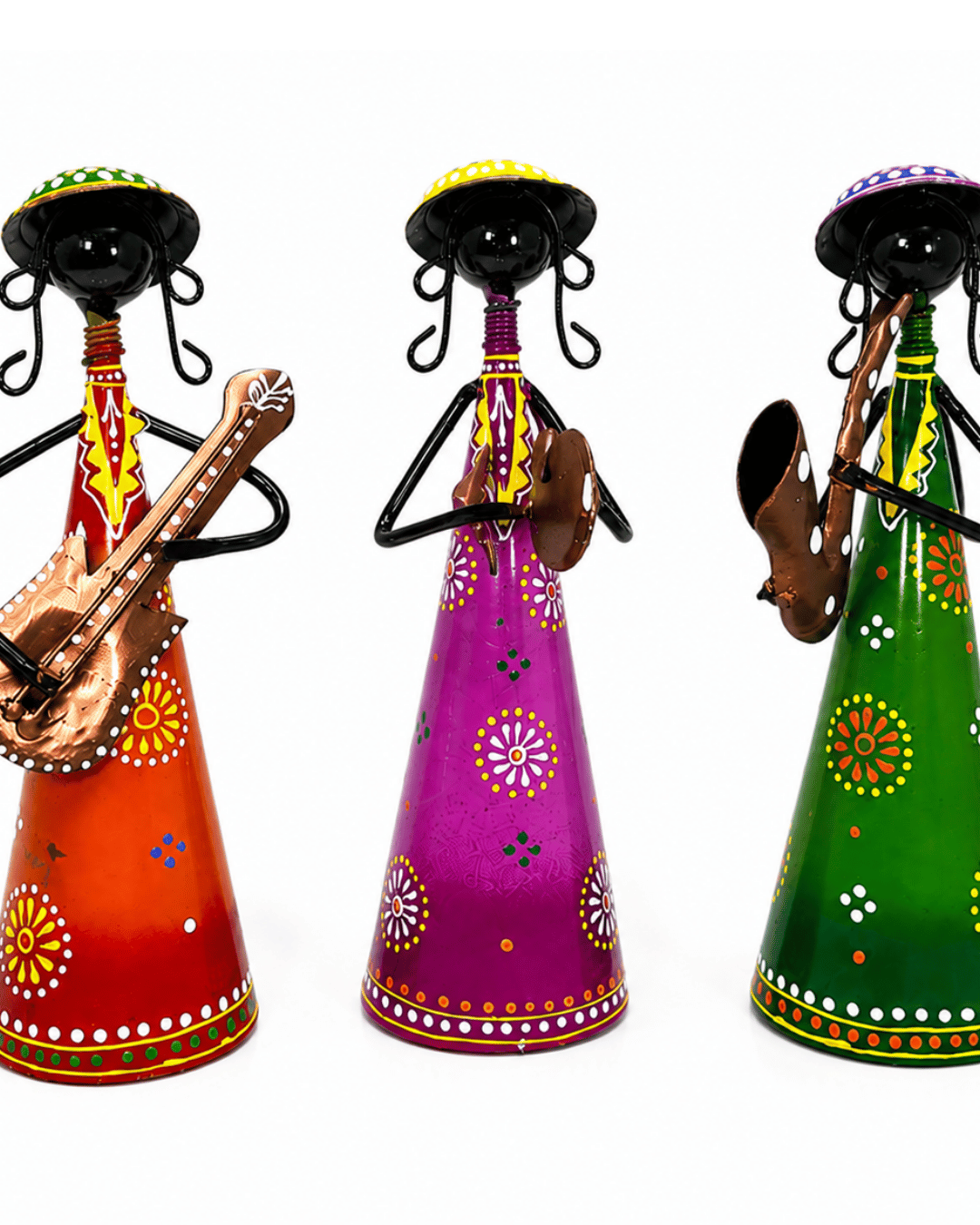 Set of 3 Cone-Dress Musician Figurines | Handpainted Red, Purple & Green Decor - Image 3