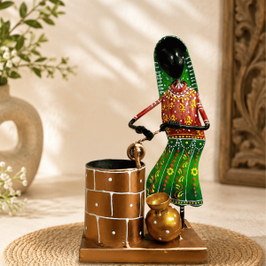 Village Woman at the Well Showpiece | Handpainted Metal Water Pot Table Decor