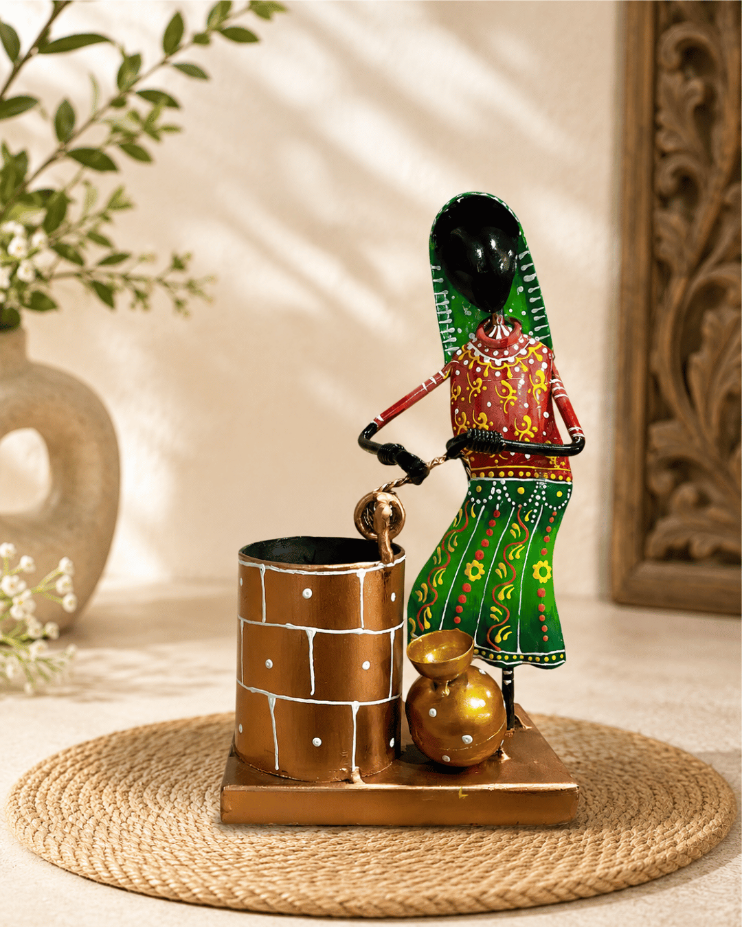 Village Woman at the Well Showpiece | Handpainted Metal Water Pot Table Decor