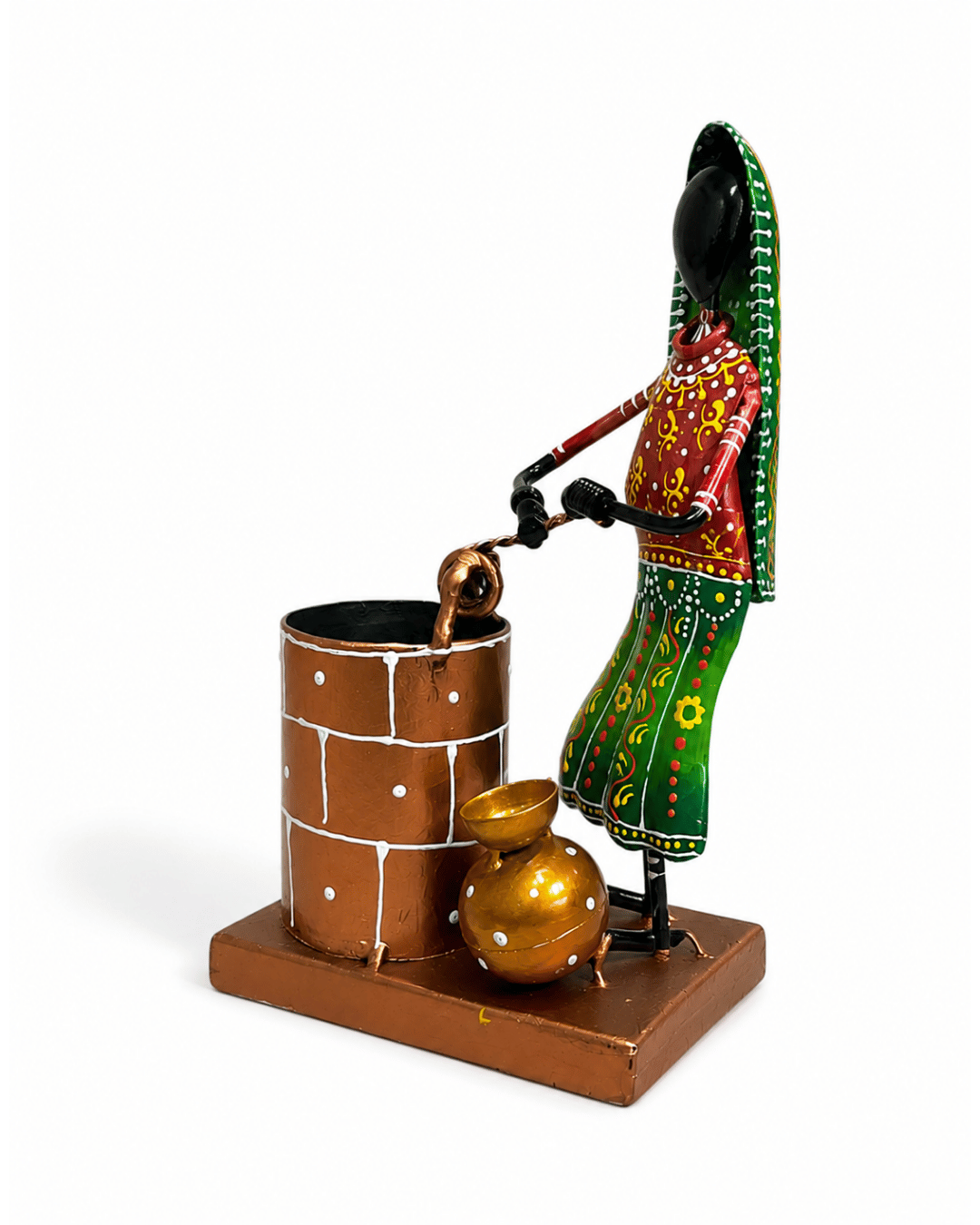 Village Woman at the Well Showpiece | Handpainted Metal Water Pot Table Decor - Image 2
