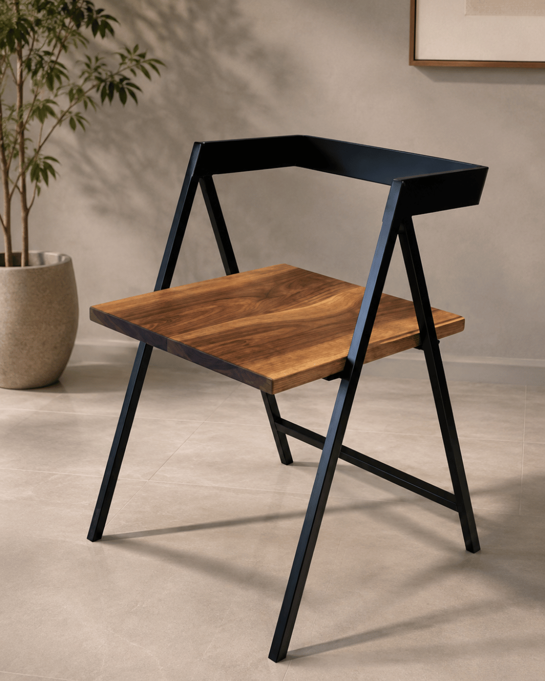 Modern Wooden Dining Chair with Black Metal Frame