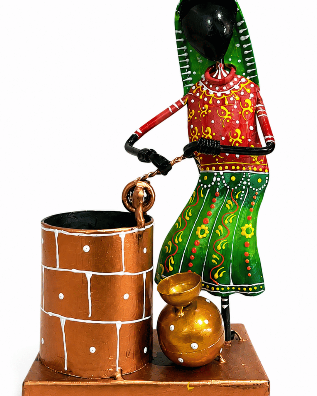 Village Woman at the Well Showpiece | Handpainted Metal Water Pot Table Decor - Image 3