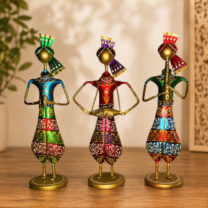 Set of 3 Rajasthani Musician Figurines | Handpainted Teardrop Body Table Decor