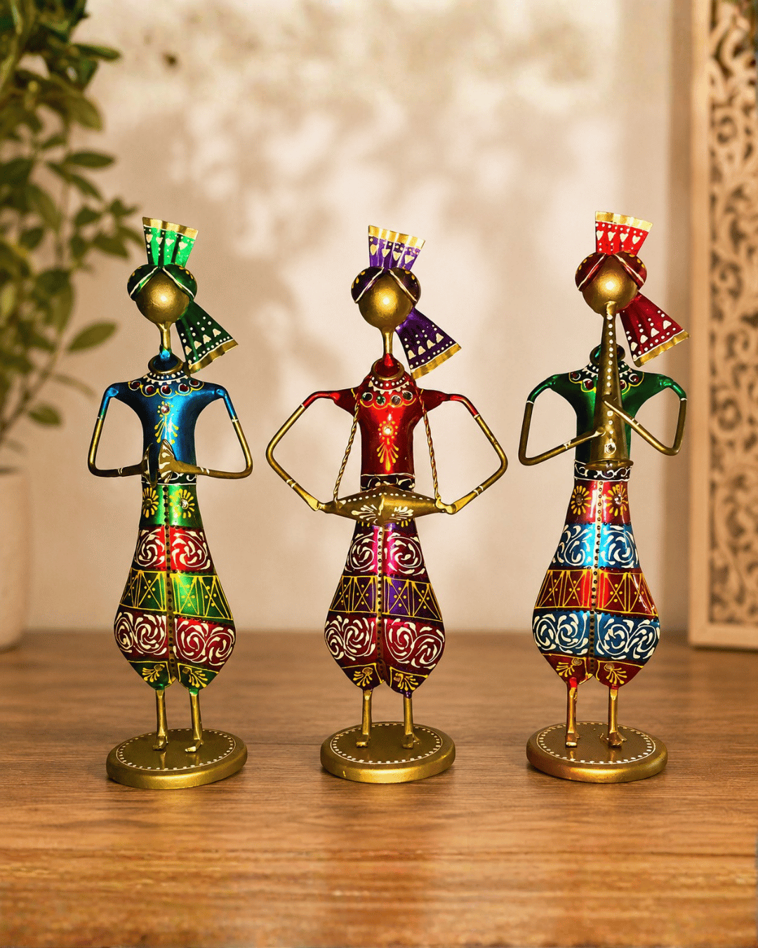 Set of 3 Rajasthani Musician Figurines | Handpainted Teardrop Body Table Decor