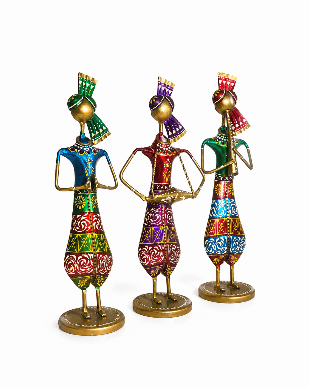Set of 3 Rajasthani Musician Figurines | Handpainted Teardrop Body Table Decor - Image 2