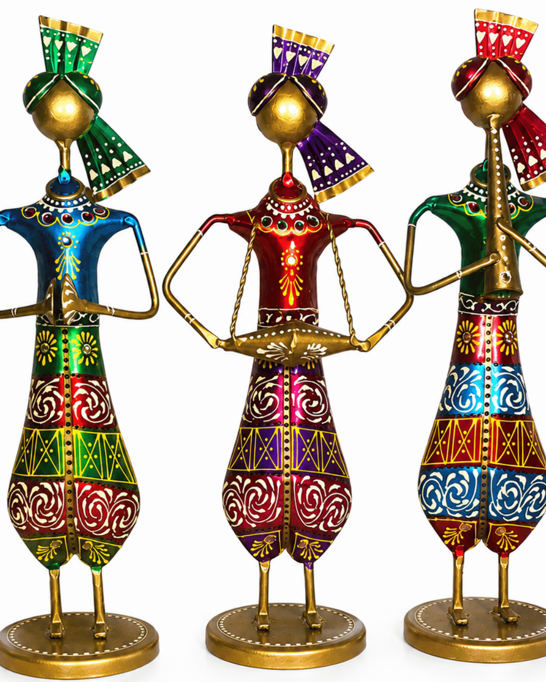 Set of 3 Rajasthani Musician Figurines | Handpainted Teardrop Body Table Decor - Image 3