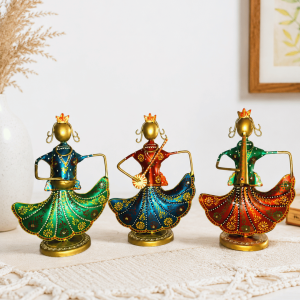 Set of 3 Twirling Skirt Dancer Figurines | Handpainted Rajasthani Table Decor