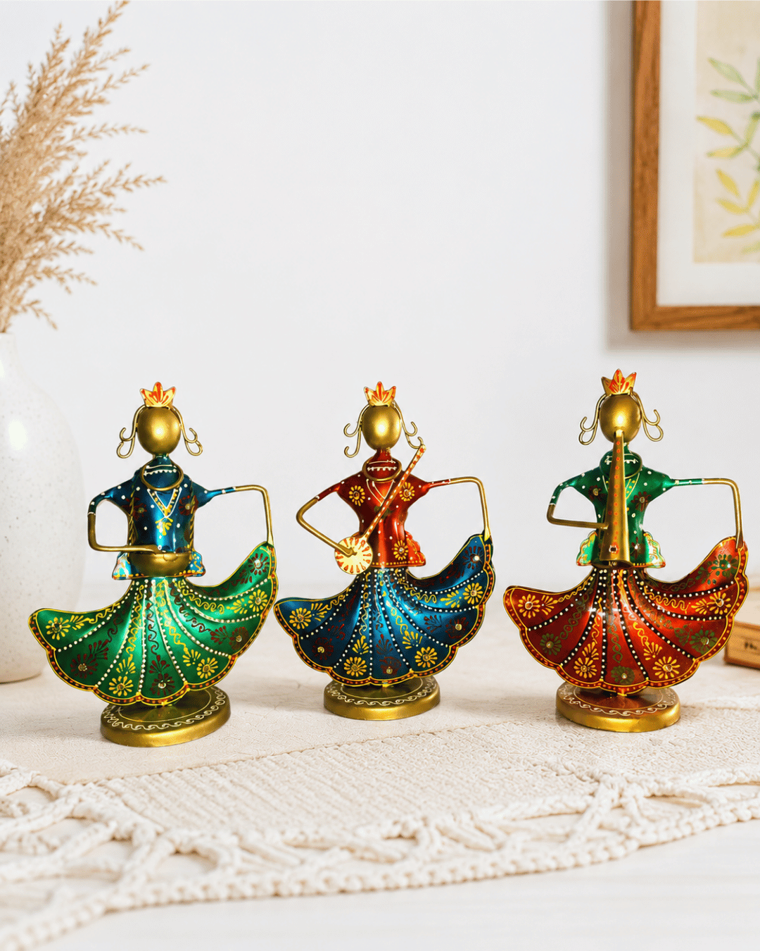 Set of 3 Twirling Skirt Dancer Figurines | Handpainted Rajasthani Table Decor