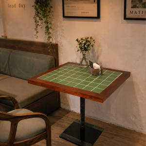 Green Tile Top Café Table with Wooden Frame & Metal Bas