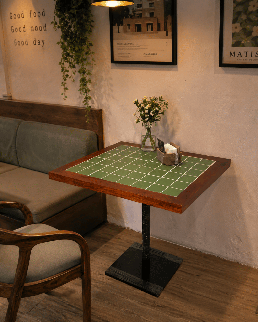 Green Tile Top Café Table with Wooden Frame & Metal Bas