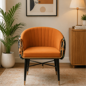 Modern Orange Upholstered Armchair with Gold Metal Frame