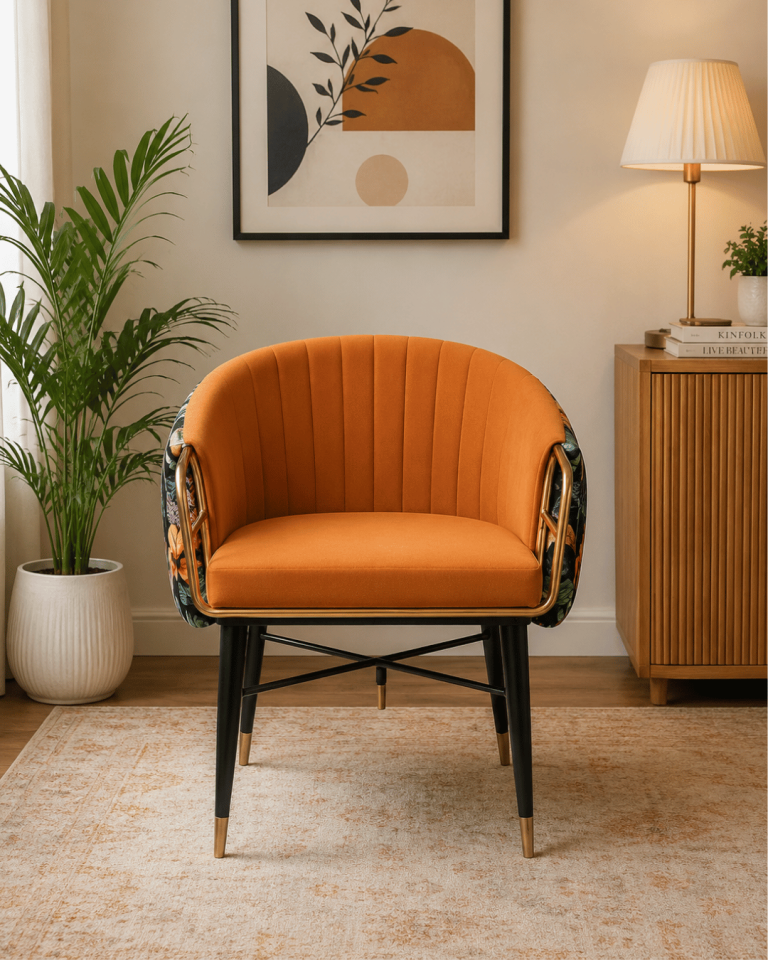 Modern Orange Upholstered Armchair with Gold Metal Frame